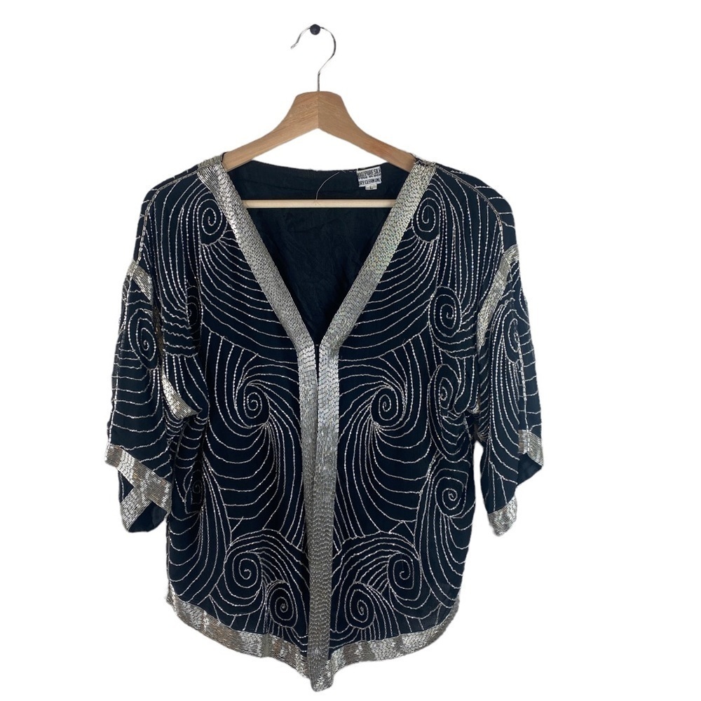 Vintage Silk Beaded Jacket Black and Silver Size Large